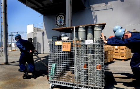 US Navy 090730-N-7280V-277 Sailors move ammunition on the main deck of the amphibious command ship USS Blue Ridge (LCC 19) while at anchorage in Tokyo Bay