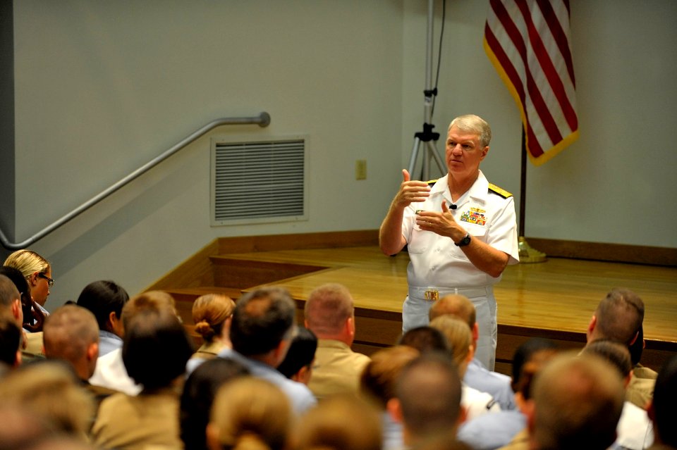 US Navy 090729-N-8273J-036 hief of Naval Operations (CNO) Adm. Gary Roughead speaks with Sailors and answers questions during and all-hands call while touring Naval Station Everett