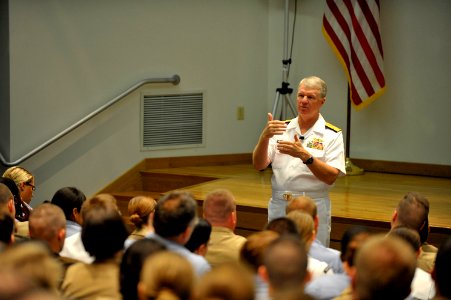 US Navy 090729-N-8273J-036 hief of Naval Operations (CNO) Adm. Gary Roughead speaks with Sailors and answers questions during and all-hands call while touring Naval Station Everett