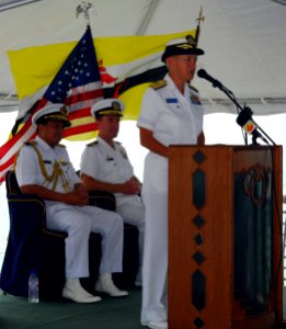 US Navy 090804-N-5207L-064 Rear Adm. Nora Tyson, commander of Logistics Group Western Pacific, speaks at the opening ceremony for Cooperation Afloat Readiness and Training (CARAT) Brunei 2009 photo