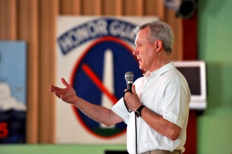 US Navy 090803-N-2420K-201 Secretary of the Navy (SECNAV) the Honorable Ray Mabus speaks to service members deployed to Combined Joint Task Force-Horn of Africa during an all-hands call at Camp Lemonier