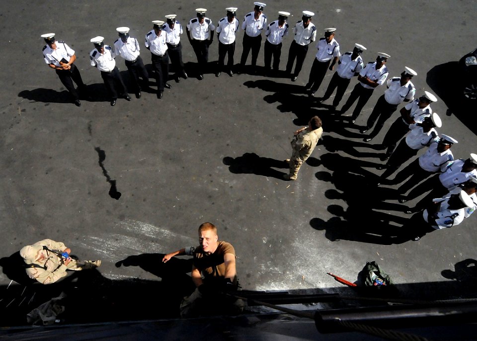 US Navy 090731-N-6138K-464 Sailors assigned to the guided-missile destroyer USS Arleigh Burke (DDG 51) demonstrate visit, board, search, and seizure techniques for Sailors of the Mauritius National Coast Guard