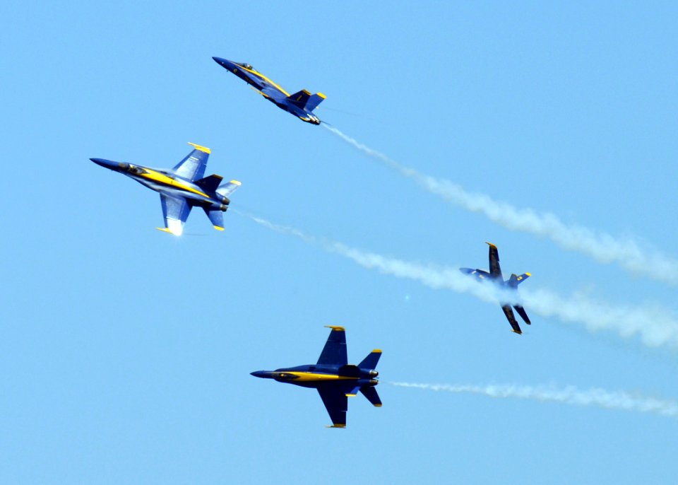 US Navy 090801-N-9860Y-006 Members of the Blue Angels, the U.S. Navy flight demonstration team, perform aerial maneuvers over Lake Washington during the KeyBank Air Show presented by Boeing, at the 60th Seattle Seafair
