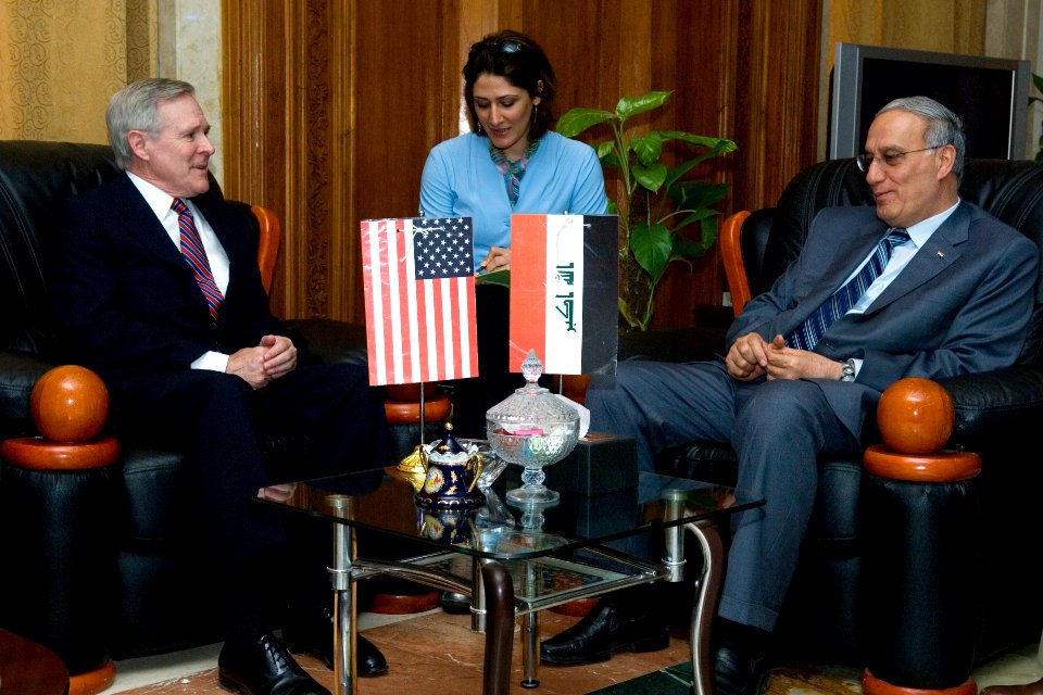 US Navy 090806-N-5549O-186 Secretary of the Navy (SECNAV) the Honorable Ray Mabus meets with Iraq's Minister of Defense Abdul Qader in Baghdad, Iraq