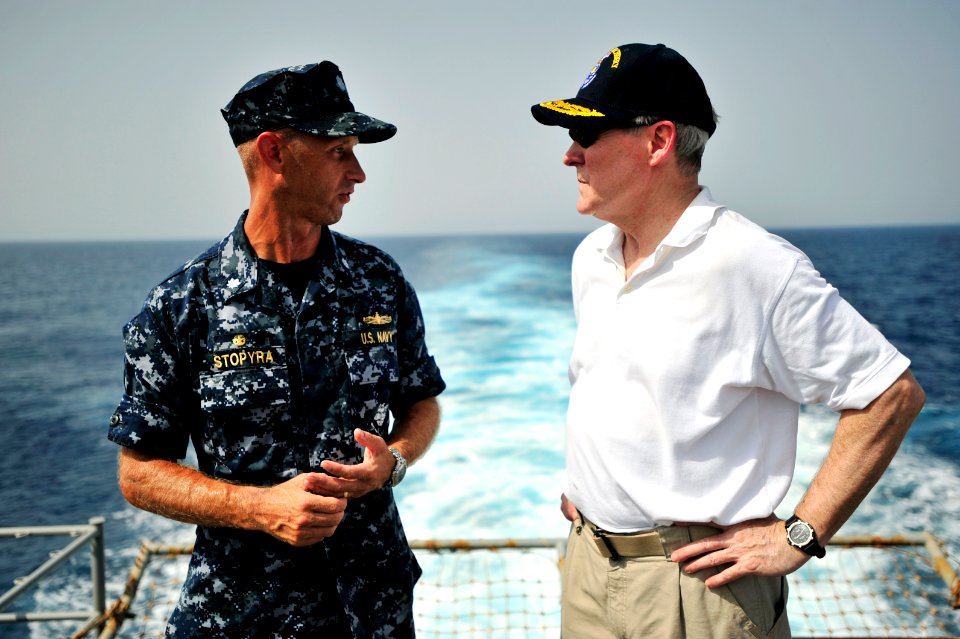 US Navy 090803-N-0506A-250 Cmdr. Christopher Stopyra, commanding officer of the amphibious dock landing ship USS Fort McHenry (LSD 43), speaks with Secretary of the Navy (SECNAV) the Honorable Ray Mabus during a tour of Ft. McH