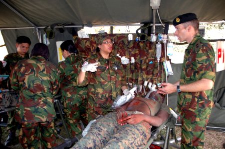 US Navy 090806-N-8539M-233 Royal Brunei Land Force medical personnel provide emergency medical treatment to U.S. Marines simulating mudslide victims during a humanitarian and disaster relief training scenario
