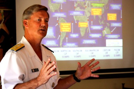 US Navy 090803-N-3038C-015 Rear Adm. Robert L. Thomas, director of Strategy and Policy Division, speaks to members of the Seaside Rotary Club during Salinas Navy Week