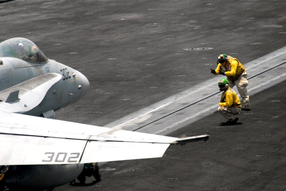 US Navy 090805-N-9132C-100 An F-A-18C Hornet assigned to the Stingers of Strike Fighter Squadron (VFA) 113 prepares to launch from the aircraft carrier USS Ronald Reagan (CVN 76)