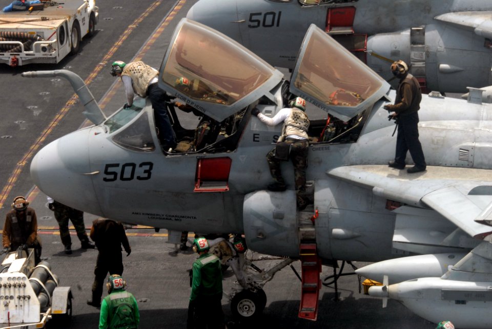 US Navy 090805-N-9132C-135 Sailors clean and inspect an EA-6B Prowler assigned to the Cougars of Tactical Electronic Warfare Squadron (VAQ) 139 aboard the aircraft carrier USS Ronald Reagan (CVN 76)