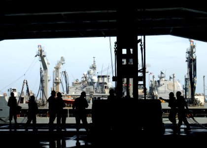 US Navy 090809-N-2013O-087 Sailors assigned to the deck department of the aircraft carrier USS George Washington (CVN 73) receive supplies during a replenishment at sea with the Military Sealift Command fleet replenishment oile
