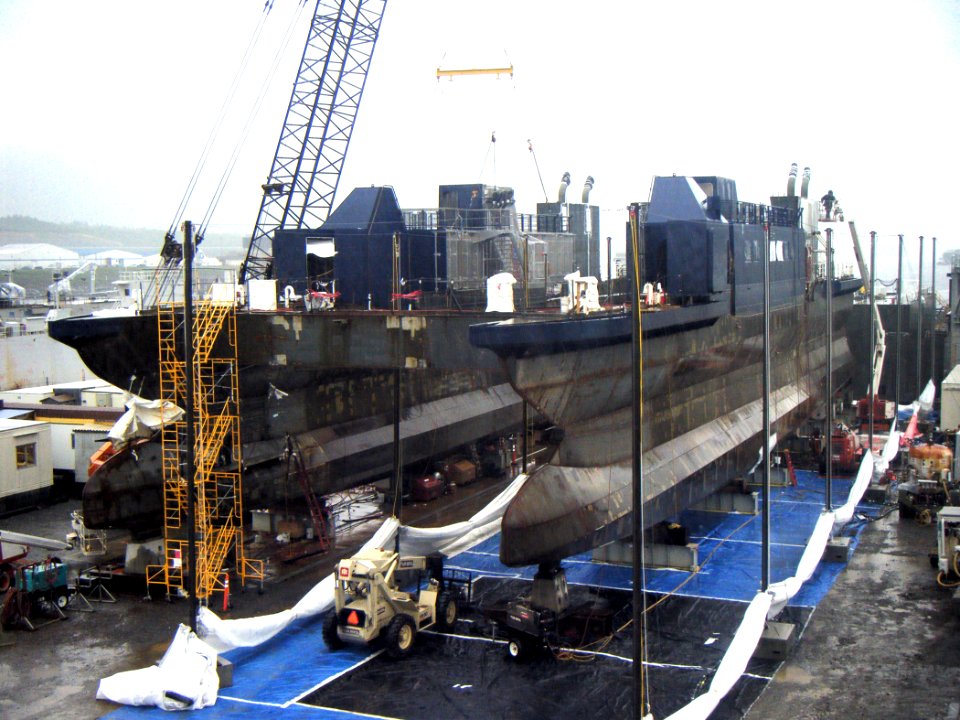 US Navy 090807-N-0000X-001 The Office of Naval Research E-Craft, an experimental high-speed transformable hull form vessel, is under construction at Alaska Ship and Drydock in Ketchikan, Alaska