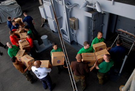 US Navy 090807-N-5586R-256 A working party moves supplies during a replenishment at sea aboard the aircraft carrier USS Ronald Reagan (CVN 76) photo