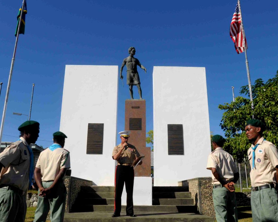 US Navy 090807-N-9689V-010 Marine Corps Brig. Gen. Rex McMillan delivers remarks at the Sir Jacob Vouza Monument during a Guadalcanal Day ceremony