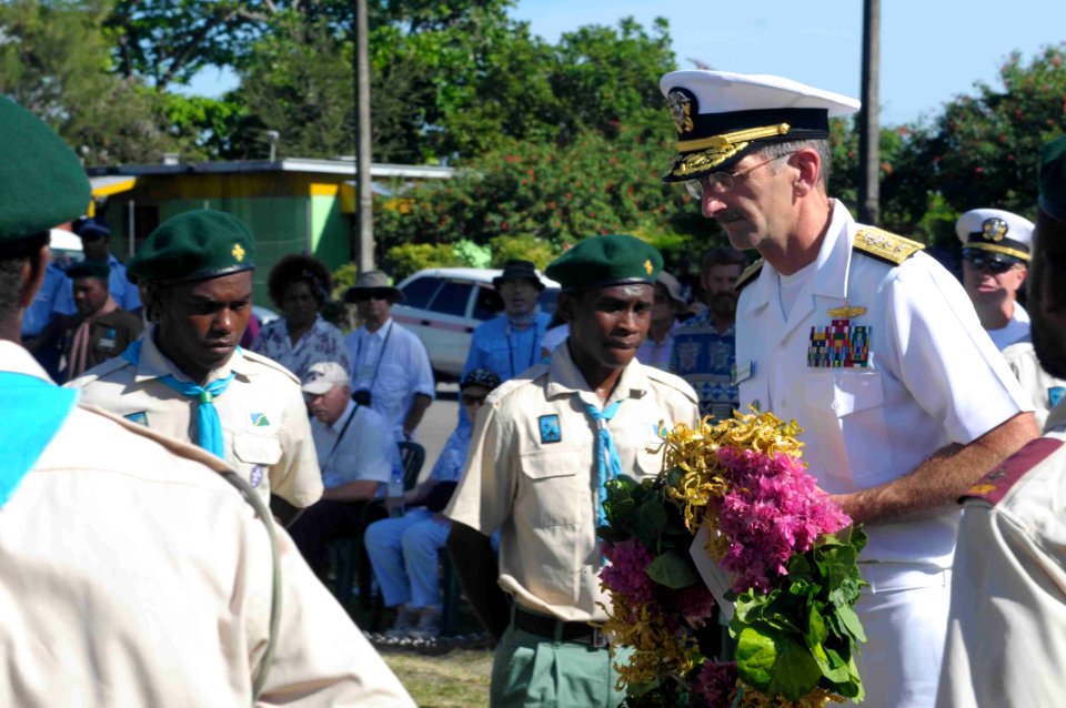 US Navy 090807-N-9689V-011 Rear Adm. Robin M. Watters, Reserve Deputy and Chief of Staff, U.S. Pacific Fleet, lays a wreath at the Sir Jacob Vouza Monument during a Guadalcanal Day ceremony