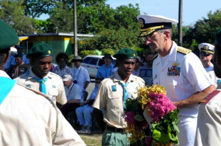 US Navy 090807-N-9689V-011 Rear Adm. Robin M. Watters, Reserve Deputy and Chief of Staff, U.S. Pacific Fleet, lays a wreath at the Sir Jacob Vouza Monument during a Guadalcanal Day ceremony