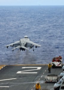 US Navy 090810-N-9950J-179 An AV-8B Harrier jump-jet lifts off the flight deck of the amphibious assault ship USS Essex (LHD 2)