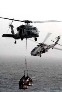 US Navy 090807-N-9132C-152 Two MH-60S Sea Hawk helicopters, assigned to the Blackjacks of Helicopter Sea Combat Squadron (HSC) 21