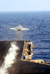 US Navy 090808-N-2918M-001 An F-A-18F Super Hornet assigned to the Black Aces of Strike Fighter Squadron (VRC) 41 launches from the aircraft carrier USS Nimitz (CVN 68)