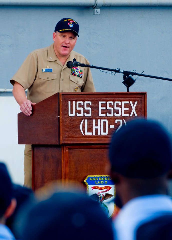 US Navy 090813-N-4010S-052 Capt. Brent Canady delivers remarks to the crew of the forward deployed amphibious assault ship USS Essex (LHD 2)