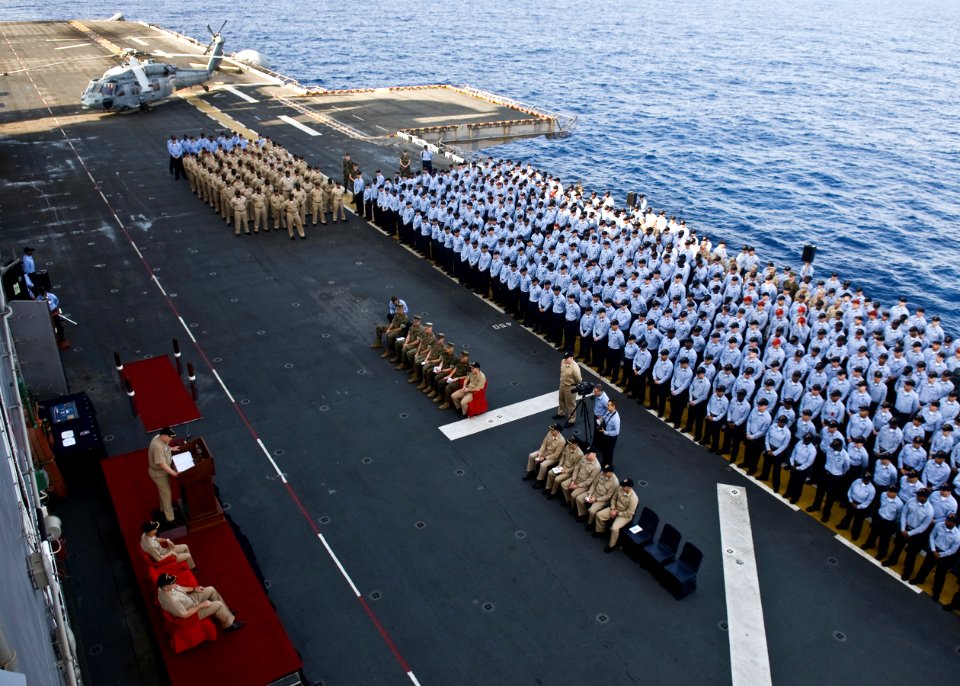 US Navy 090813-N-5253W-012 Capt. Brent Canady addresses the crew of the forward-deployed amphibious assault ship USS Essex (LHD 2) during an at sea change of command ceremony