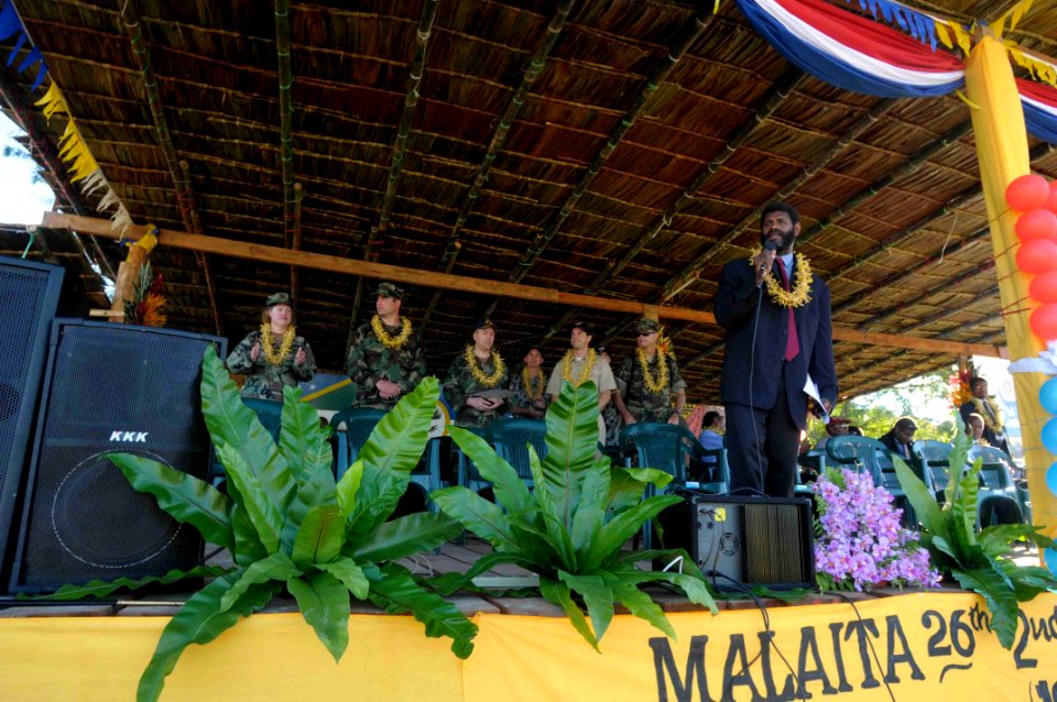 US Navy 090814-N-9689V-001 U.S. and Australian Pacific Partnership 2009 team members take their seats as the master of ceremonies begins Malaita's 26th Anniversary