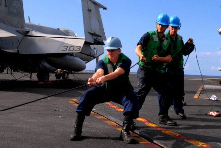 US Navy 090815-N-2600H-016 Sailors aboard the aircraft carrier USS Nimitz (CVN 68) handle lines and guide rigging during a replenishment at sea with the Military Sealift Command fast combat support ship USNS Bridge (T-AOE 10)
