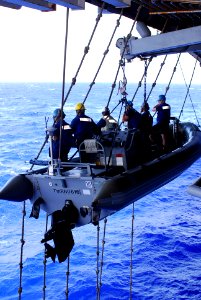 US Navy 090811-N-2918M-063 Sailors are lowered to the water in a Rigid Hull Inflatable Boat (RHIB) during a drill aboard the nuclear powered aircraft carrier USS Nimitz