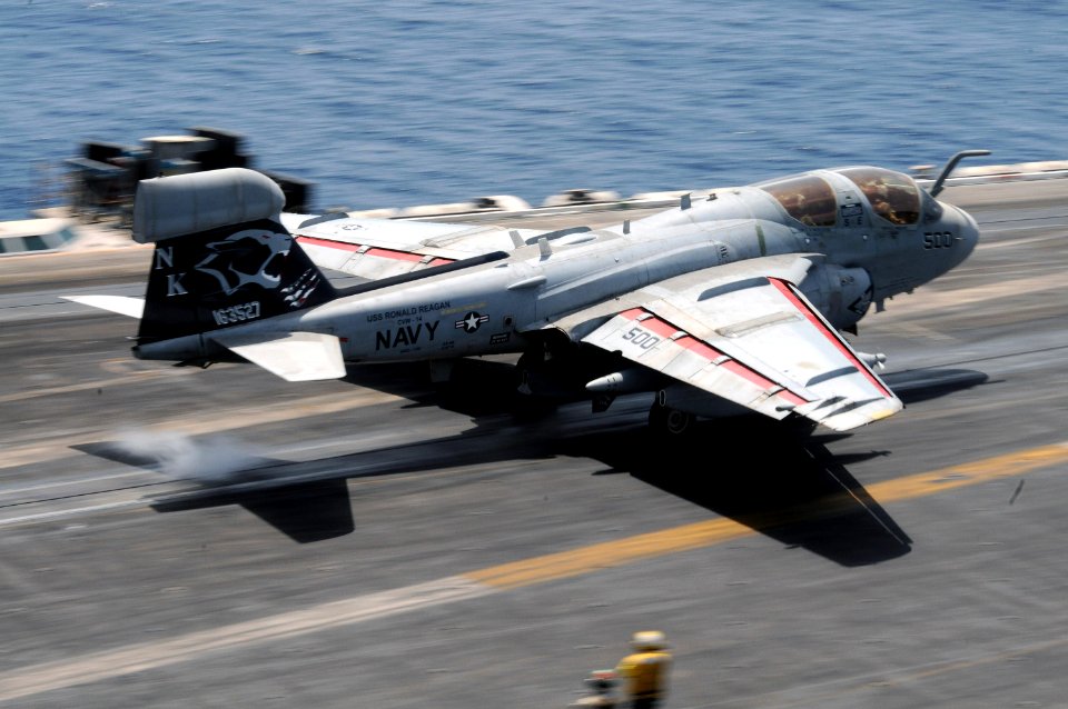 US Navy 090814-N-2344B-166 An EA-6B Prowler assigned to the Cougars of Tactical Electronic Warfare Squadron (VAQ) 139 launches from the aircraft carrier USS Ronald Reagan (CVN 76)