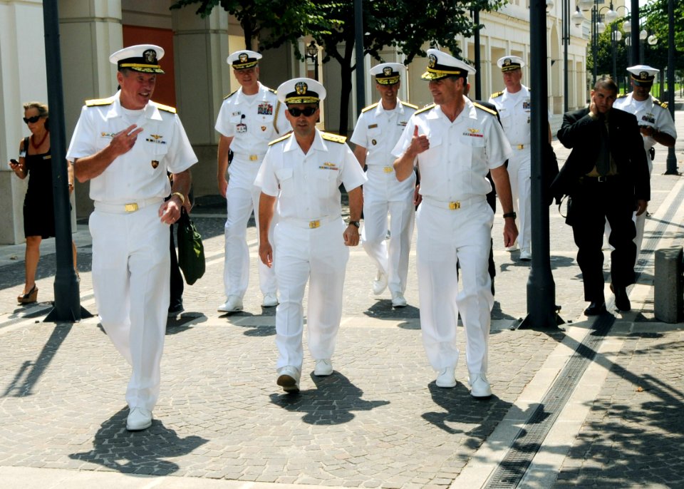 US Navy 090813-N-1655H-097 dm. James Stavridis, center, commander of U.S. European Command, walks with Adm. Mark Fitzgerald Vice Adm. Bruce Clingan