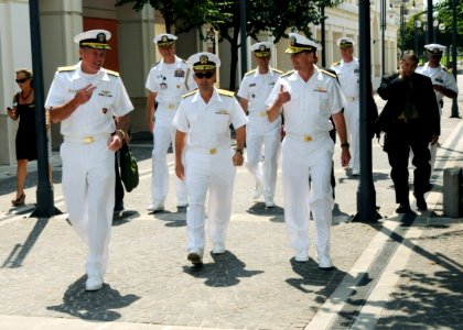 US Navy 090813-N-1655H-097 dm. James Stavridis, center, commander of U.S. European Command, walks with Adm. Mark Fitzgerald Vice Adm. Bruce Clingan