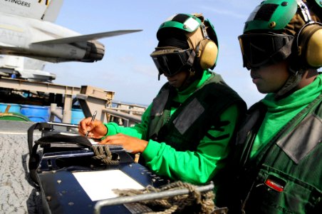 US Navy 090814-N-3610L-125 Aviation Boatswain's Mate (Equipment) 3rd Class Tiara Moore and Aviation Boatswain's Mate Airman Elizabeth Irby record the weight of an aircraft before flight operations aboard the aircraft carrier US