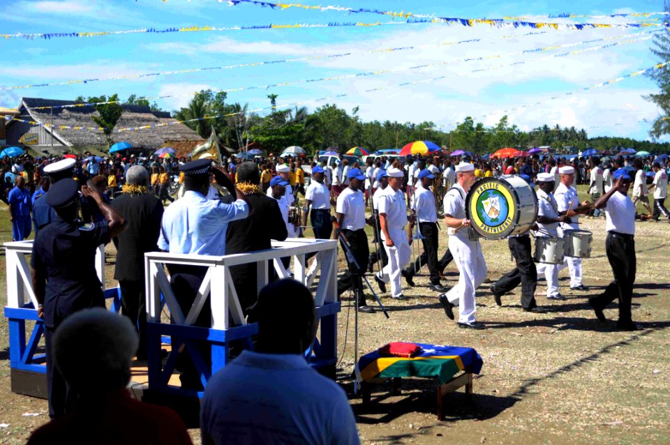 US Navy 090814-N-9689V-004 Pacific Fleet Band performs along side the local police force brass band during Malaita's 26th Anniversary Second Appointed Day ceremony at Rarasu Field