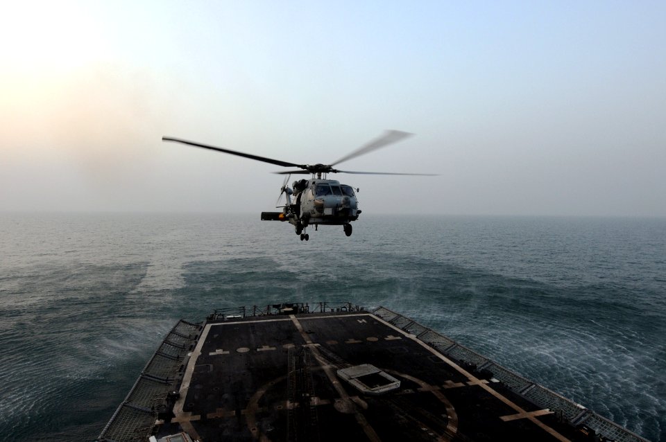 US Navy 090818-N-3659B-305 An SH-60B Sea Hawk assigned to the Scorpions of Light Helicopter Anti-Submarine Squadron (HSL) 49 lifts off from the frigate USS Thach (FFG 43)