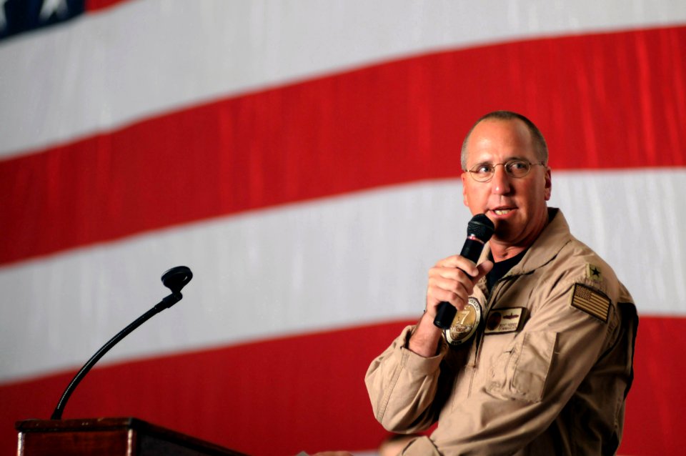 US Navy 090817-N-2344B-012 Rear Adm. Scott Hebner, Commander of Carrier Strike Group (CCSG) 7, gives opening remarks during an all-hands call aboard the aircraft carrier USS Ronald Reagan (CVN 76)