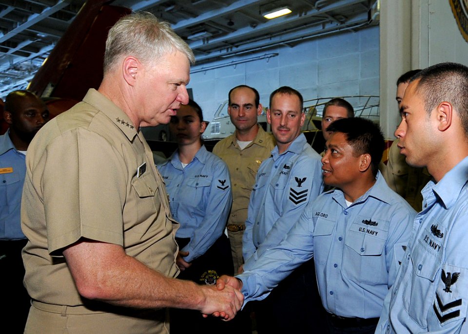 US Navy 090819-N-6233H-077 Chief of Naval Operations (CNO) Adm. Gary Roughead meets with Sailors in the hangar bay aboard the aircraft carrier USS George Washington (CVN 73)