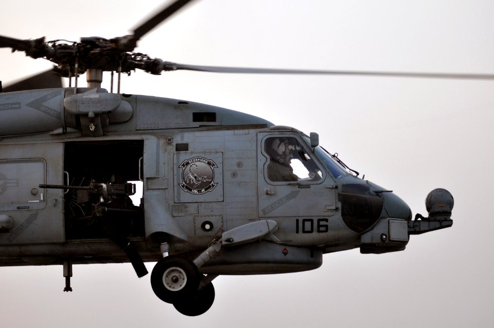 US Navy 090818-N-3659B-332 An SH-60B Sea Hawk assigned to the Scorpions of Light Helicopter Anti-Submarine Squadron (HSL) 49 lifts off from the frigate USS Thach (FFG 43)