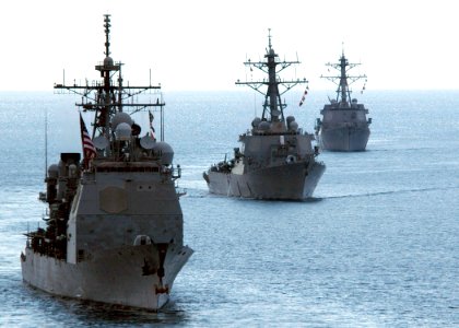 US Navy 090819-N-8534H-002 The guided-missile cruiser USS Cowpens (CG 63) and the guided-missile destroyers USS Fitzgerald (DDG 62) and USS Mustin (DDG 89) are underway during the Indonesian International Fleet Review photo