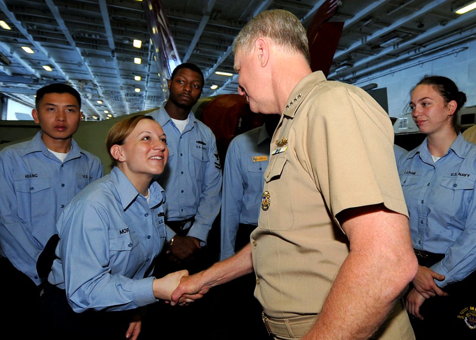 US Navy 090819-N-6233H-076 Chief of Naval Operations (CNO) Adm. Gary Roughead meets with Sailors in the hangar bay aboard the aircraft carrier USS George Washington (CVN 73)