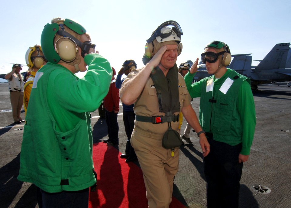 US Navy 090819-N-7282P-016 Chief of Naval Operations (CNO) Adm. Gary Roughead is rendered honors by rainbow side boys on the flight deck of the aircraft carrier USS George Washington (CVN 73)