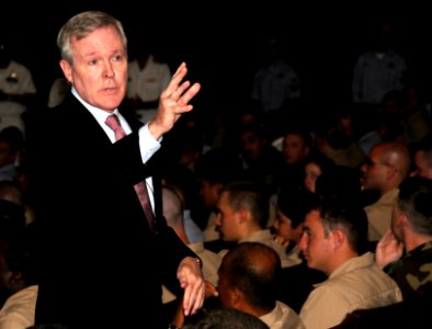 US Navy 090820-N-7498L-051 Secretary of the Navy (SECNAV) the Honorable Ray Mabus answers questions during an all-hands call at Sharkey Theatre at Naval Station Pearl Harbor
