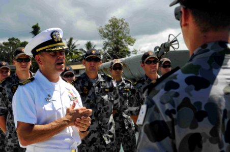 US Navy 090818-N-9689V-001 Capt. Andrew Cully, Pacific Partnership 2009 mission commander, thanks the crews of Royal Australian Navy Landing Craft Heavy (LCH) HMAS Betano (L 133) and HMAS Wewak (L 130) for their contributions t photo