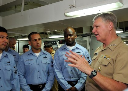 US Navy 090819-N-6233H-041 Chief of Naval Operations (CNO) Adm. Gary Roughead speaks with Sailors aboard the aircraft carrier USS George Washington (CVN 73)