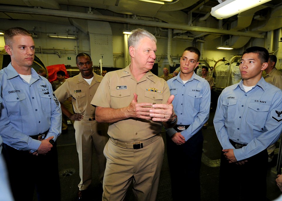 US Navy 090819-N-6233H-060 Chief of Naval Operations (CNO) Adm. Gary Roughead speaks with Sailors in the jet shop aboard the aircraft carrier USS George Washington (CVN 73)