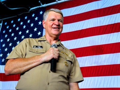 US Navy 090819-N-8273J-290 Chief of Naval Operations (CNO) Adm. Gary Roughead speaks with sailors and answers questions during an all-hands call aboard the Nimitz-class aircraft carrier USS George Washington (CVN 73)
