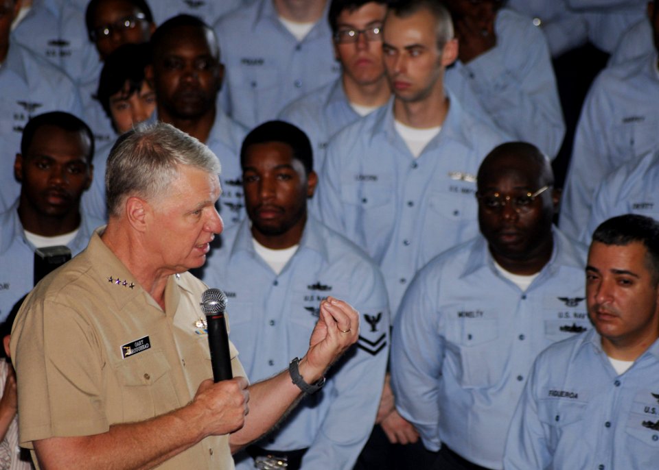 US Navy 090819-N-1062H-014 Chief of Naval Operations (CNO) Adm. Gary Roughead speaks to the crew of the aircraft carrier USS George Washington (CVN 73)