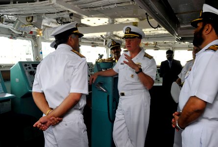 US Navy 090821-N-8273J-231 Chief of Naval Operations (CNO) Adm. Gary Roughead tours the Pakistan Naval Ship (PNS) Tippu Sultan while visiting a naval base in Karachi, Pakistan photo
