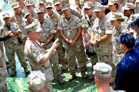 US Navy 090822-N-8273J-175 Chief of Naval Operations (CNO) Adm. Gary Roughead speaks with Sailors and answers questions during an all-hands call aboard the guided-missile frigate USS Thatch (FFG 43)