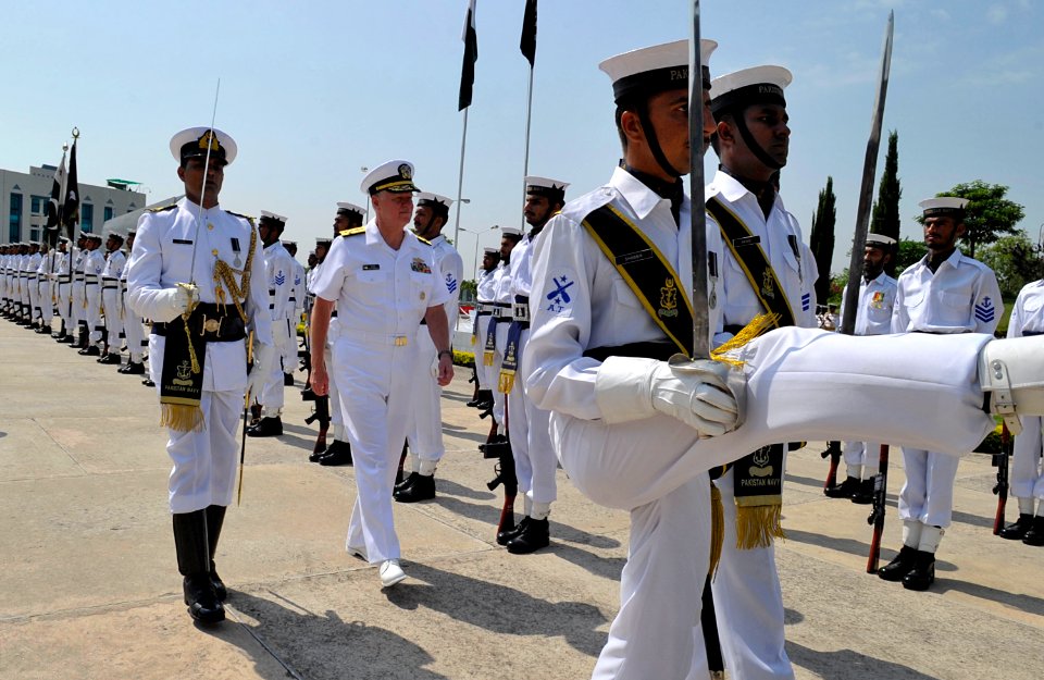 US Navy 090820-N-8273J-056 Chief of Naval Operations (CNO) Adm. Gary Roughead, middle, inspects Pakistan Navy sailors during a welcoming ceremony at Pakistan Naval Headquarters