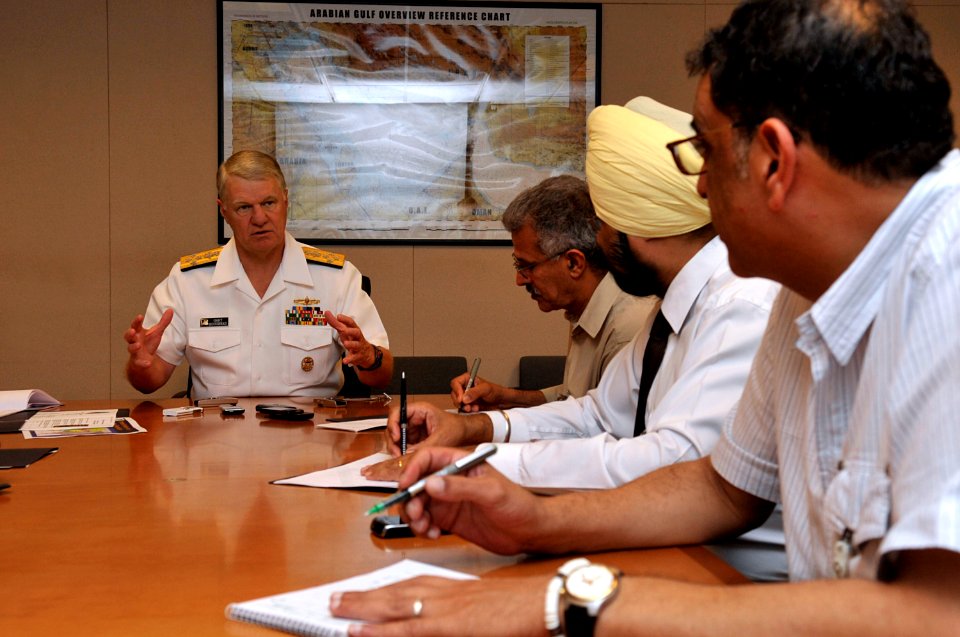 US Navy 090823-N-8273J-096 Chief of Naval Operations (CNO) Adm. Gary Roughead answers questions from media while visiting Navy Forces Central Command (NAVCENT) in Manama, Bahrain