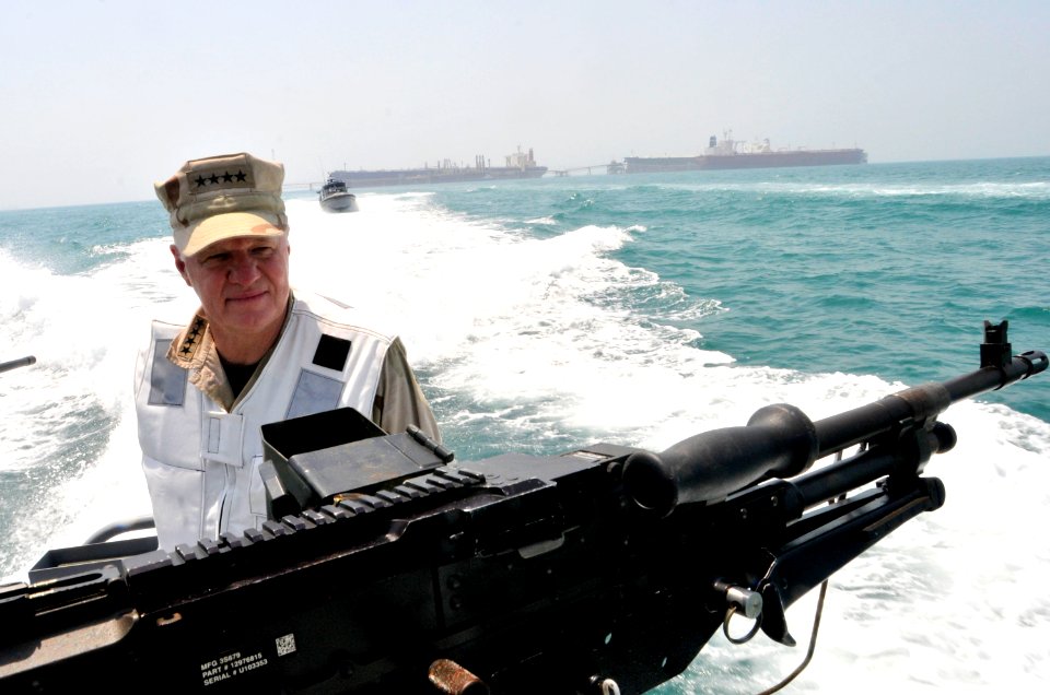 US Navy 090822-N-8273J-456 Chief of Naval Operations (CNO) Adm. Gary Roughead departs the Khawr Al Amaya Oil Platform and the Al Basrah Oil Terminal after meeting with U.S. Sailors, Marines and Coast Guardsmen